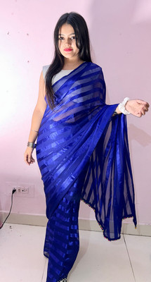 Moda Rapido Embellished, Striped Bollywood Satin Saree(Blue)