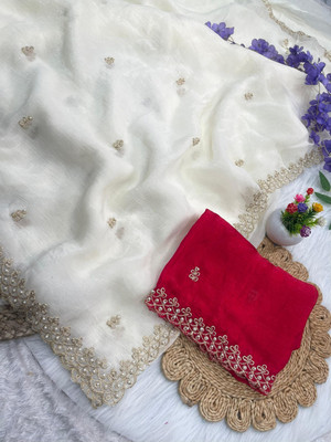 ADVIK CREATION Embellished Bollywood Pure Silk Saree(White)