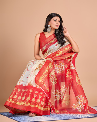 nirmal creation Printed Daily Wear Cotton Linen Saree(Multicolor)