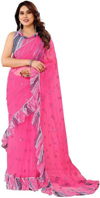 ROOP SUNDARI SAREES Embroidered Bollywood Nylon, Net Saree(Pink)