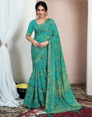 Samah Printed, Embellished Bandhani Chiffon, Georgette Saree(Green)