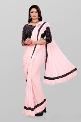 GUNHILD Solid/Plain Banarasi Lycra Blend Saree(Cream)