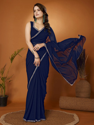 Ashiya Fab Solid/Plain Bollywood Georgette Saree(Blue)