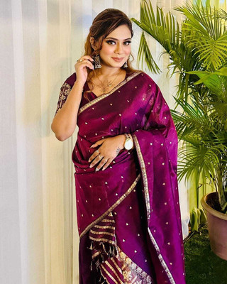 VARCREATION Woven Mekhela Chador Pure Silk Saree(Purple)