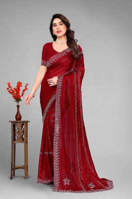 VEERAIVA Embellished Bollywood Chiffon Saree(Maroon)