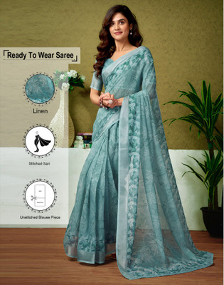 Satrani Floral Print, Printed, Embellished Bollywood Linen Saree(Blue)