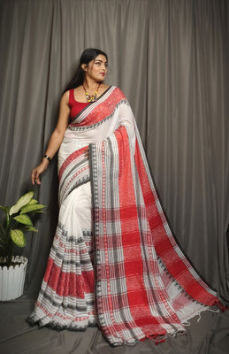 ADbutiq Printed Handloom Handloom Pure Cotton Saree(White)