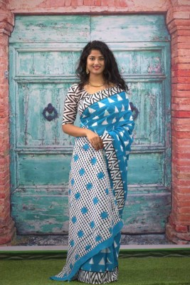 NIKHILAM Printed Ikkat Pure Cotton Saree(Blue, White)