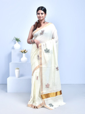 stotra Embroidered Kasavu Cotton Blend Saree(White)