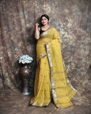 maa textile Woven, Floral Print, Striped Tant Cotton Blend Saree(Yellow)