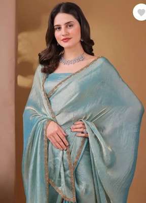 Gajal Solid/Plain Saree with Attached Blouse Chiffon Saree(Blue)