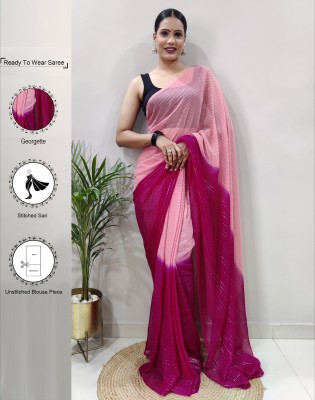 Samah Dyed, Striped, Embellished Bollywood Georgette Saree(Pink, Orange)