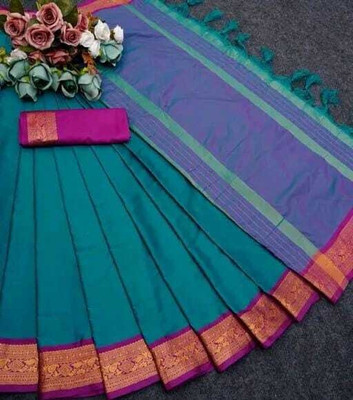 KHODALSAREEFEB Solid/Plain, Woven, Striped Banarasi Cotton Silk Saree(Dark Green, Purple)