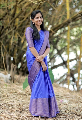 Handsel Self Design Banarasi Jacquard, Silk Blend Saree(Blue)