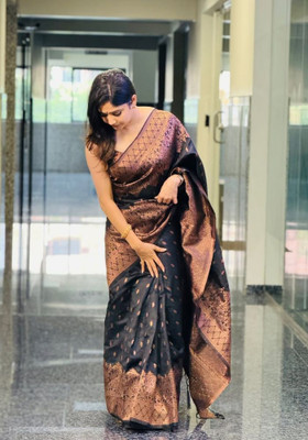 parthfabric Woven, Printed Banarasi Art Silk, Jacquard Saree(Black)