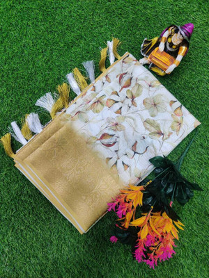 J6 Designers Floral Print Bollywood Linen Saree(White)