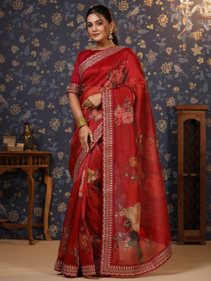 Yozzby Digital Print Bollywood Organza Saree(Red)