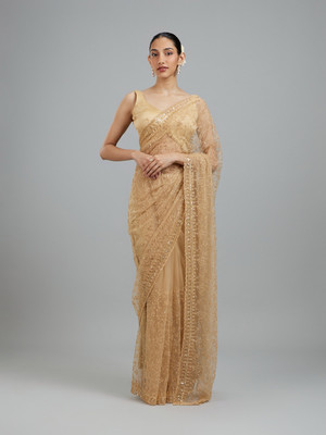 Mohey Embroidered Bollywood Net Saree(Beige)