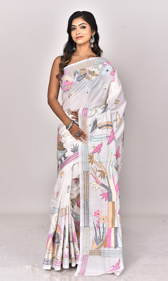Ramshyam Collection Floral Print Kantha Pure Silk Saree(Cream)