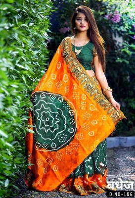 S M PATEL CO Printed Bandhani Art Silk Saree(Green, Yellow)