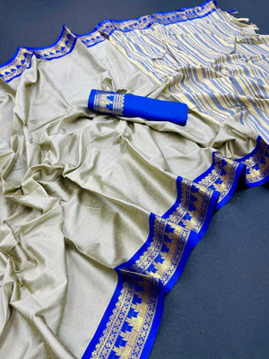Paramparik Textile Temple Border Banarasi Pure Silk Saree(Blue)