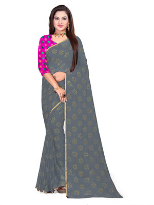 Aardiva Printed Daily Wear Cotton Blend Saree(Grey)