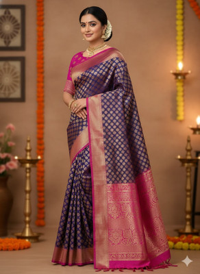 LOKAVANYA Printed Banarasi Cotton Silk Saree(Dark Blue)