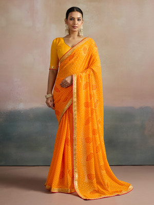 Sareemall Printed Bandhani Georgette Saree(Yellow)