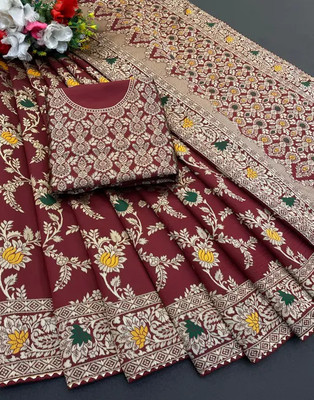 Shree Fashion Printed Banarasi Cotton Blend Saree(Maroon)