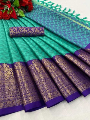 KanjiQueen Woven Kanjivaram Silk Blend Saree(Light Blue, Purple)