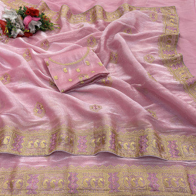 KHRITI FAB Embroidered Bollywood Jimmy choo Saree(Pink)