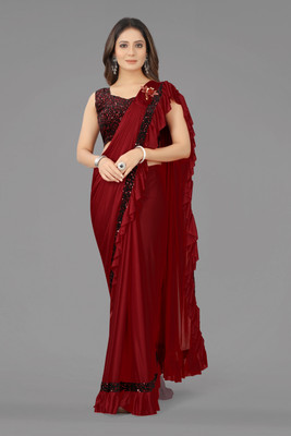 ENCLIQ Solid/Plain Bollywood Lycra Blend Saree(Maroon)