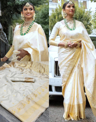 Samah Woven, Embellished, Self Design Kasavu Silk Blend, Jacquard Saree(White, Gold)