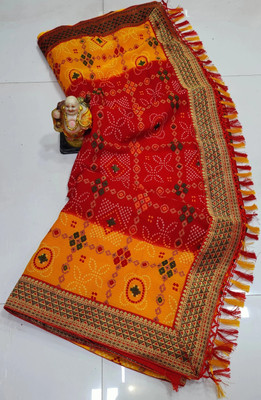 SHIV COLLECTION Printed Bandhani Georgette Saree(Red, Yellow)