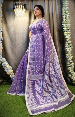 OSARIO Woven Jamdani Cotton Silk Saree(Blue)