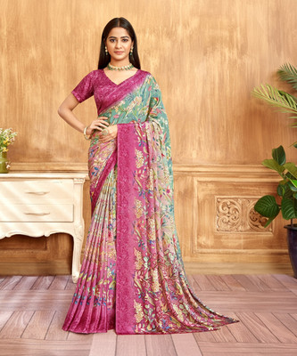 Samah Floral Print, Printed, Self Design Bollywood Silk Blend, Crepe Saree(Pink, Green)