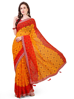 C P Vastralay Printed Bandhani Georgette Saree(Yellow)