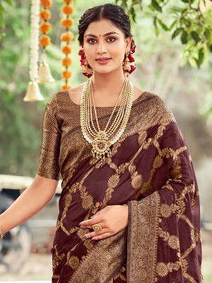 Divastri Printed Banarasi Organza Saree(Brown)