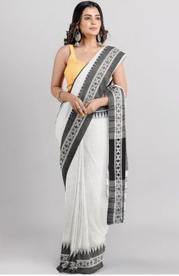 ADbutiq Digital Print Bollywood Handloom Cotton Blend Saree(White)
