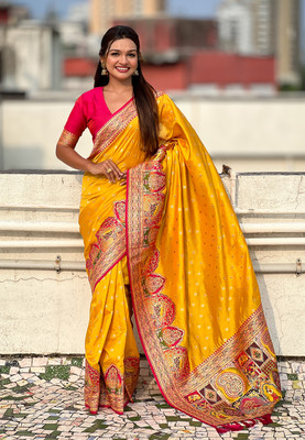 all about you Embroidered Baluchari Silk Blend Saree(Mustard)