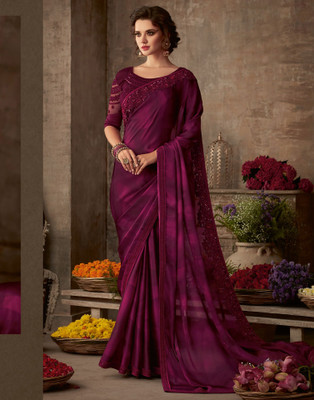 Samah Embroidered, Embellished Bollywood Georgette, Chiffon Saree(Maroon)