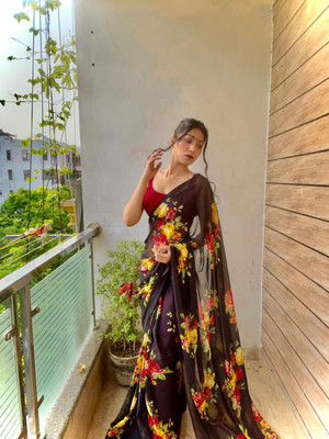 Moda Rapido Floral Print Bollywood Georgette Saree(Black)