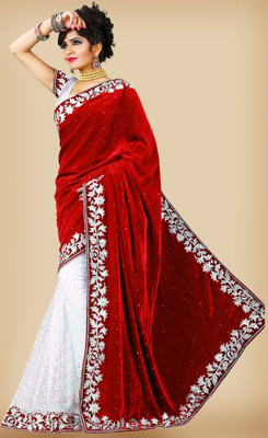 Anugrah Textile Embroidered Banarasi Net, Velvet Saree(Red)