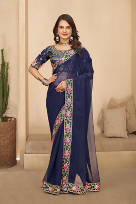 DRIZOMIZ Embroidered Bollywood Georgette Saree(Blue)