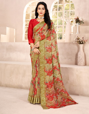 Divastri Floral Print Daily Wear Chiffon Saree(Light Green)