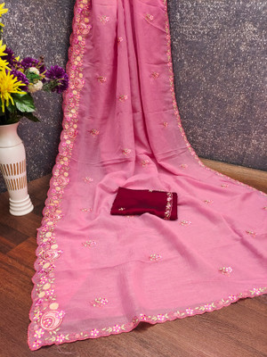 SHRIMORI Floral Print Bollywood Chanderi Saree(Pink)