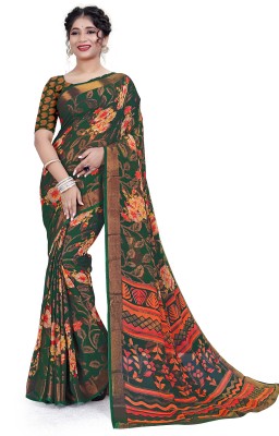 HouseOfCommon Floral Print Bollywood Brasso Saree(Green)