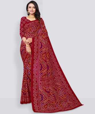 Kanooda Prints Printed Bandhani Georgette Saree(Maroon)
