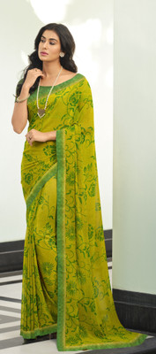 SARIK Printed, Self Design, Graphic Print, Floral Print, Checkered, Solid/Plain Bollywood Georgette, Chiffon Saree(Light Green)