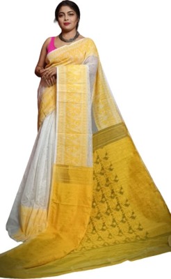 M STORE Woven Jamdani Cotton Silk Saree(White, Yellow)